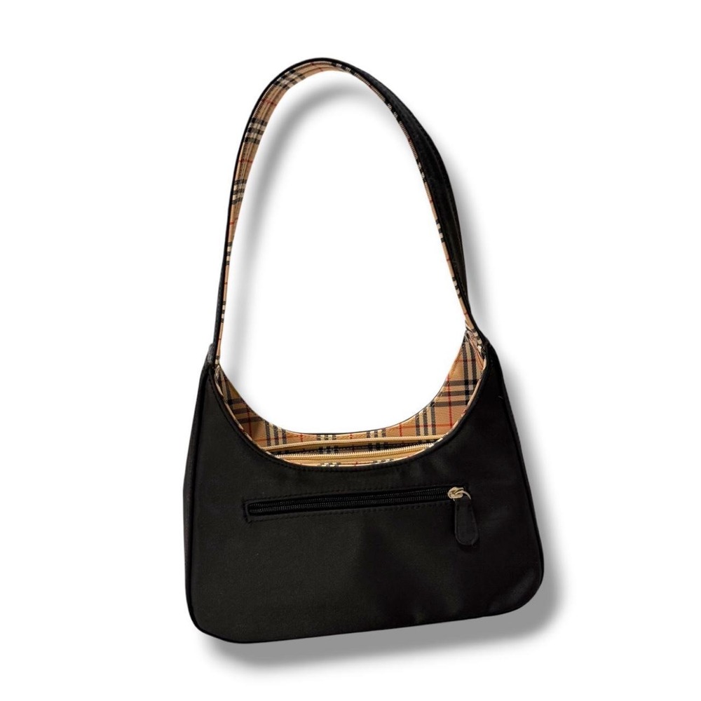 Black Nylon Hobo Shoulder Bag Tan Plaid Lining